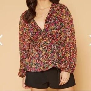 Pleione Anthropologie M Blouse Top Low Cut Floral Peplum Sexy